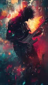 Electric guitarist silhouette in vivid abstract colors.
