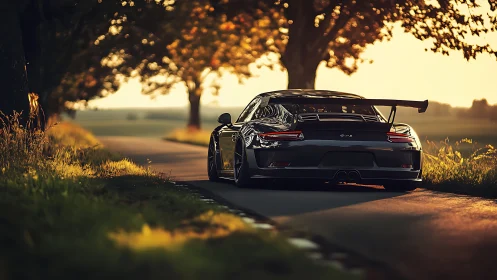 Rear aero GT sports car on rural lane in golden hour light.