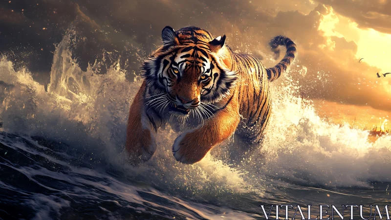 Kinetic tiger in storm-lit surf with dynamic splash physics.