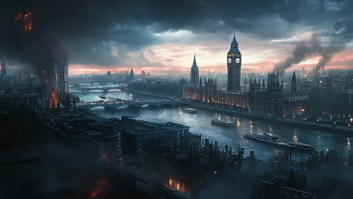 Stormy London skyline glows against a dark and burning dusk