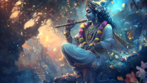 Mystic flute bearer in celestial forest of swirling petals.