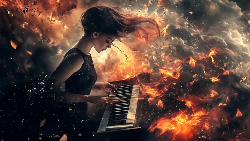 Pyrokinetic pianist in turbulent, flame-saturated cloudfield.
