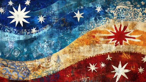 Abstract tricolour waves with stylised stars and textured layers.