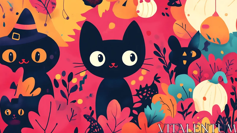 Black cats amid autumn foliage and pumpkins in warm color palette