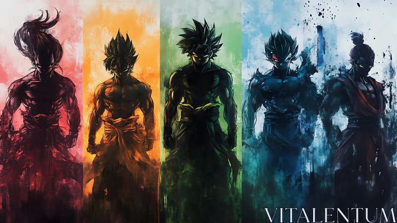 Elemental warrior silhouettes in vivid vertical spectrum panels.