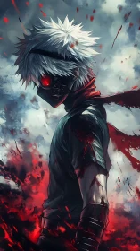 White haired masked cyber warrior in red energy storm profile