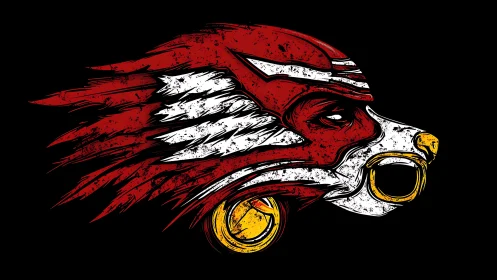 Winged red wolf profile with bold gold ring accents.