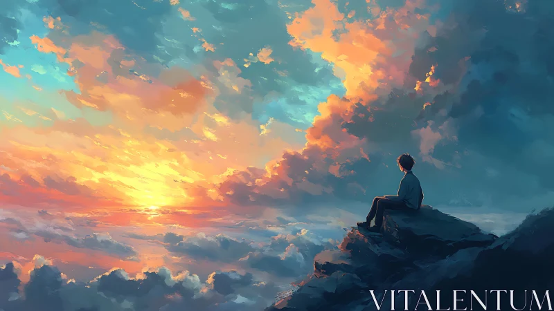 Solitary dreamer on cliff edge under blazing sky at dusk.