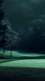 Moonlit fairway hush across emerald midnight contours.