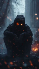Hooded ember‑eyed figure in burning winter alleyway dusk.