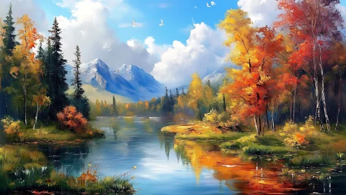 Autumnal alpine lake with saturated chromatic reflections.