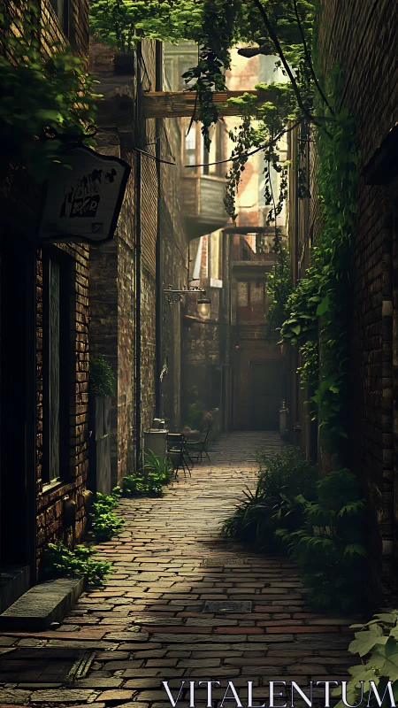 Sunlit ivy-covered brick alley forms quiet urban passage