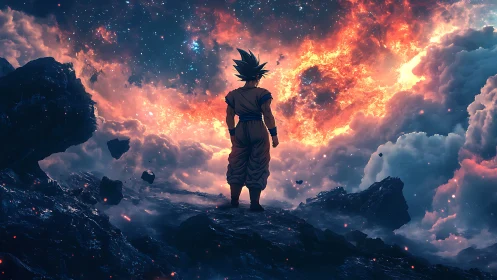 Celestial warrior observing thermonuclear nebula horizon.