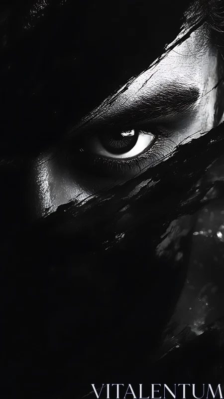 Glimmering eye through torn darkness in stark monochrome.