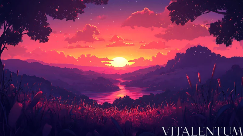 Sun sets over stylized valley lake with saturated colors