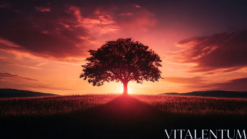 Backlit solitary tree casts radial shadow in saturated sunset field