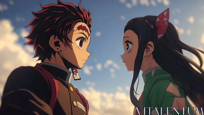 Anime siblings facing each other under soft sky light.