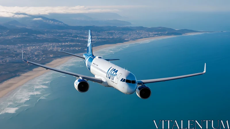 Commercial jet aircraft in level coastal flight path.