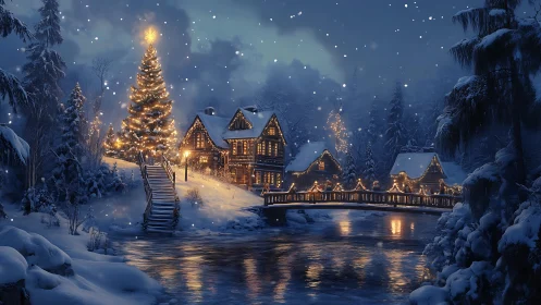 Snowy riverside village with illuminated Christmas tree.