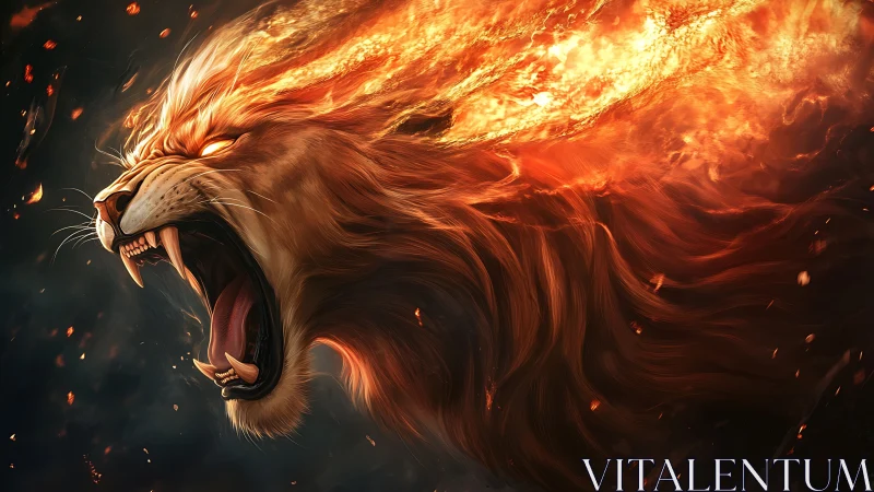 Fiery roaring lion with blazing mane in dynamic motion.
