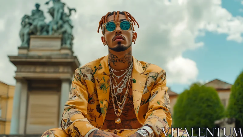 Urban portrait of tattooed man in patterned suit, outdoor monument