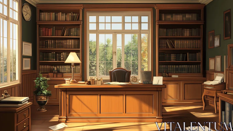 Sunlit neoclassical study with symmetric oak workspace geometry.