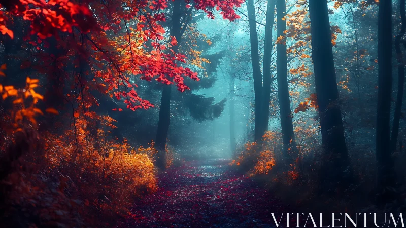 Autumnal Forest Pathway: Luminous Atmosphere Through Seasonal Chromatics.