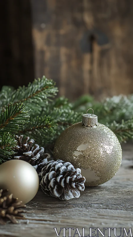 Gold Christmas ornaments rest among frosted pinecones