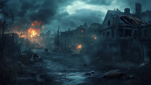 Post-apocalyptic urban firestorm with structural collapse detail.