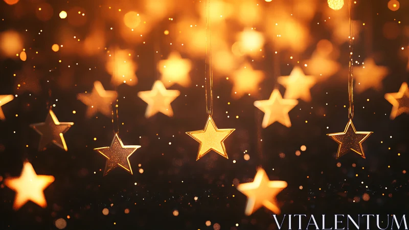 Golden star lights hang over glowing festive bokeh field.