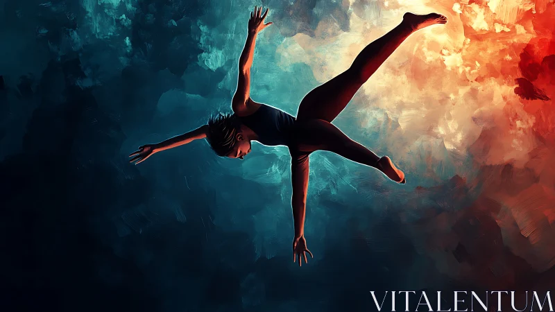 Falling figure suspended between cool blue and fiery light.