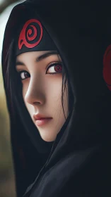 Hooded kunoichi portrait renders hyper-detailed red gaze