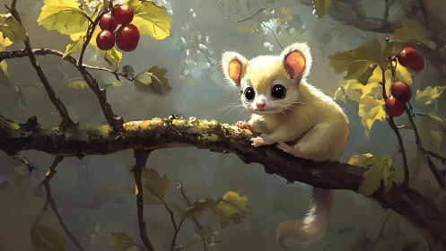 Tiny cream dormouse watches curiously from a sunlit branch