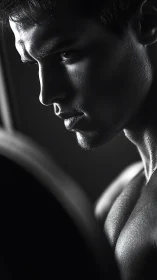 Moody black and white portrait of focused male profile.