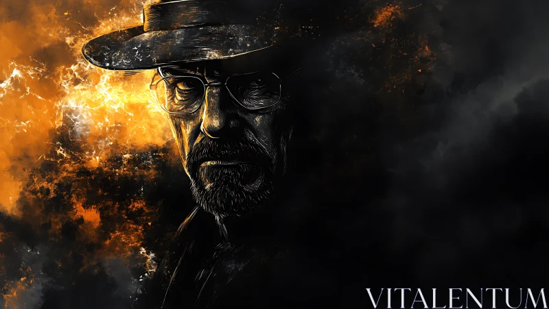 Volumetric portrait of stern man in hat amid orange plasma