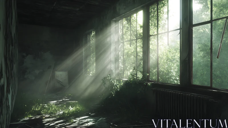 Overgrown room interior lit by directional window sunlight