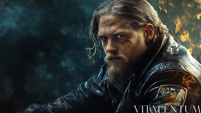 Brooding biker hero glares through fire and smoke.