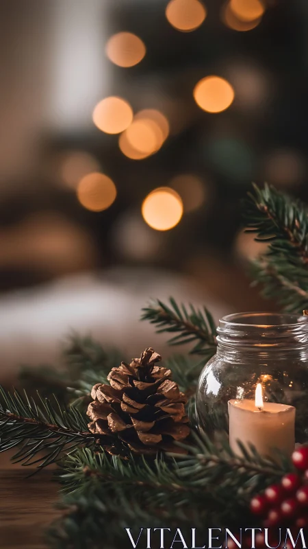 Holiday candle with pinecone on rustic evergreen garland.