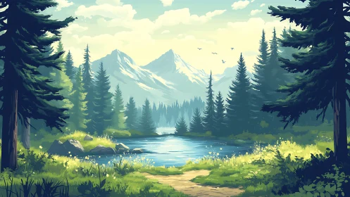 Alpine Lake Basin with Mountain Peaks and Coniferous Forest