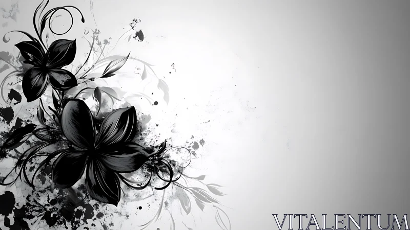 Black Flowers with Ink Splash Composition.