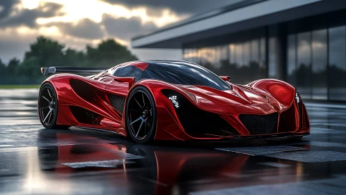 Dramatic red hypercar gleams on a wet track at sunset