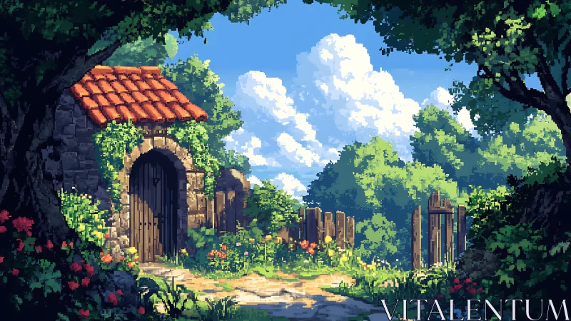 Sunlit garden path leading to a cozy stone cottage gate.