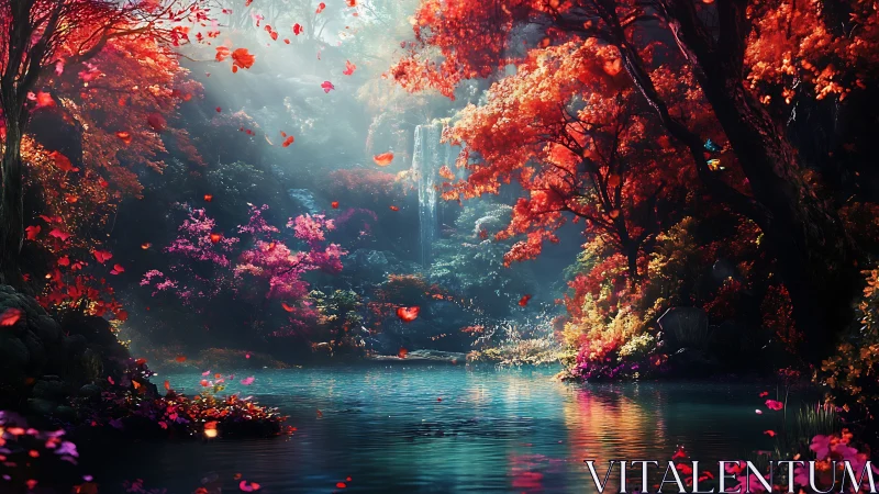 Luminous autumn glade with waterfall and reflective forest pool.