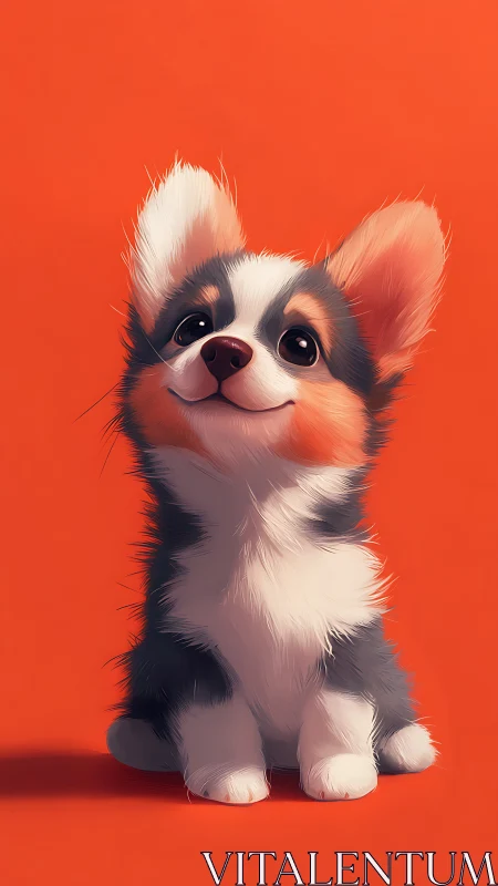 Fluffy corgi puppy sits against bold orange background.