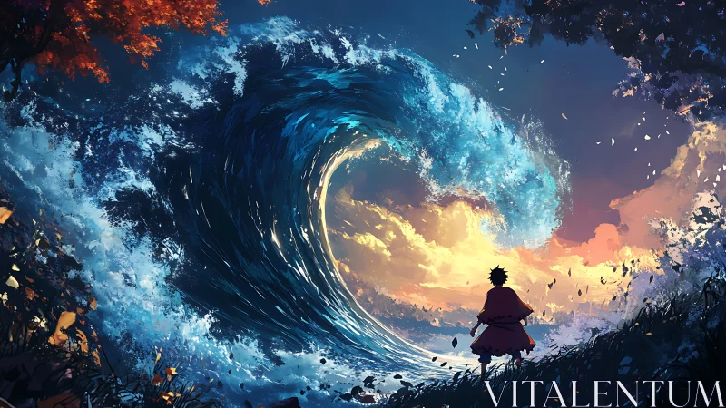 Solitary figure confronts colossal curling wave at sunset