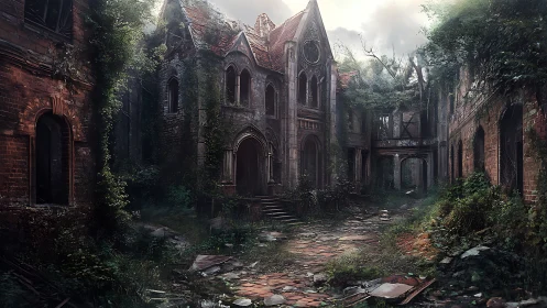 Overgrown abandoned courtyard with decayed gothic ruins.
