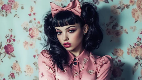Retro doll-style portrait in pink floral fashion setting.