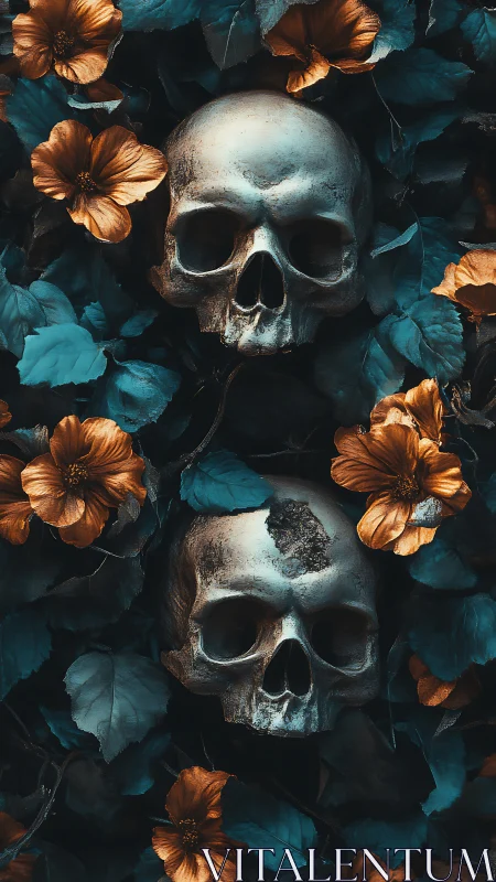 Digital painting of twin skulls in teal foliage and bronze blooms.