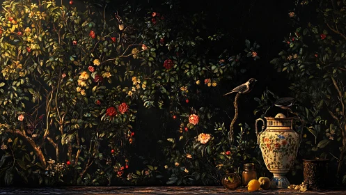 Nocturne garden wall where songbirds guard lemon secrets.