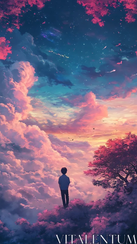Solitary figure gazes into nebula sky above pastel clouds.